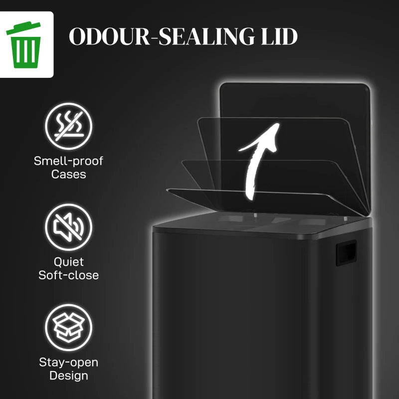 50L Dual Compartment Stainless Steel Bin with Deodoriser Holders - Stylish Black Trash Can for Home & Kitchen