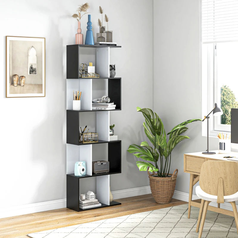 S-Shaped Wooden Bookcase - 5/6 Tier Freestanding Storage Shelf for Home Office - Black & White Decorative Display Rack