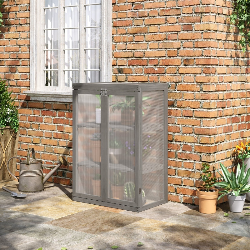 Dark Grey 3-Tier Wooden Greenhouse with Double Doors and Storage Shelf