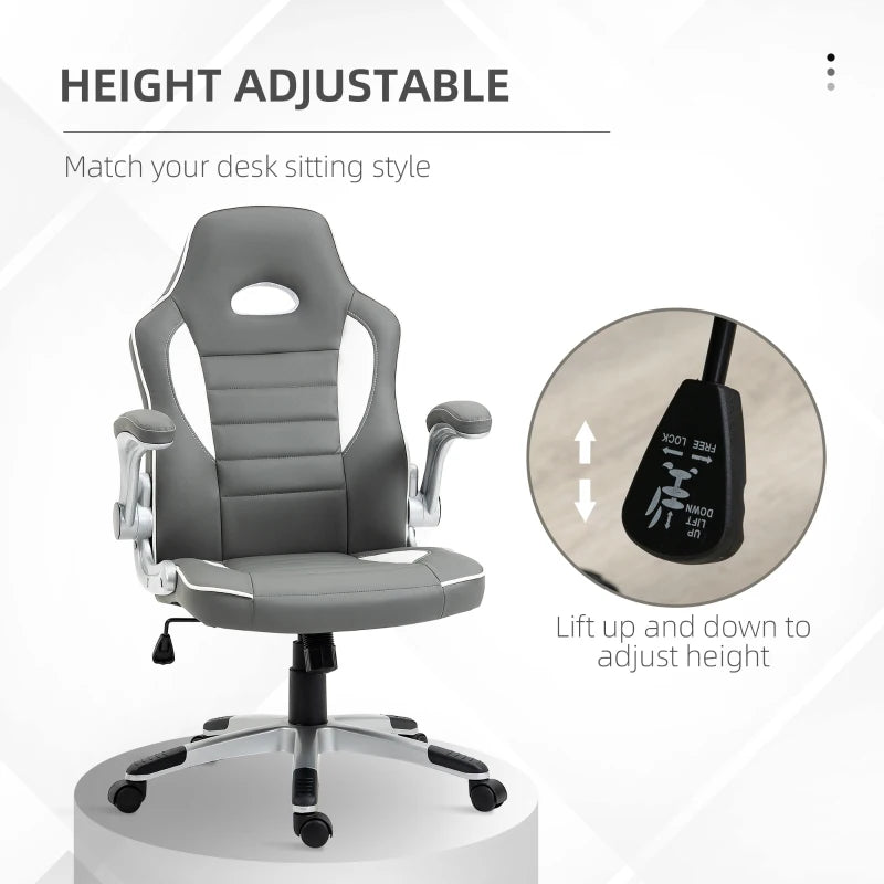 Vinsetto Grey Gaming Chair - PU Leather Office Desk Swivel Chair with Adjustable Height, 90° Flip-up Armrests & Rolling Wheels