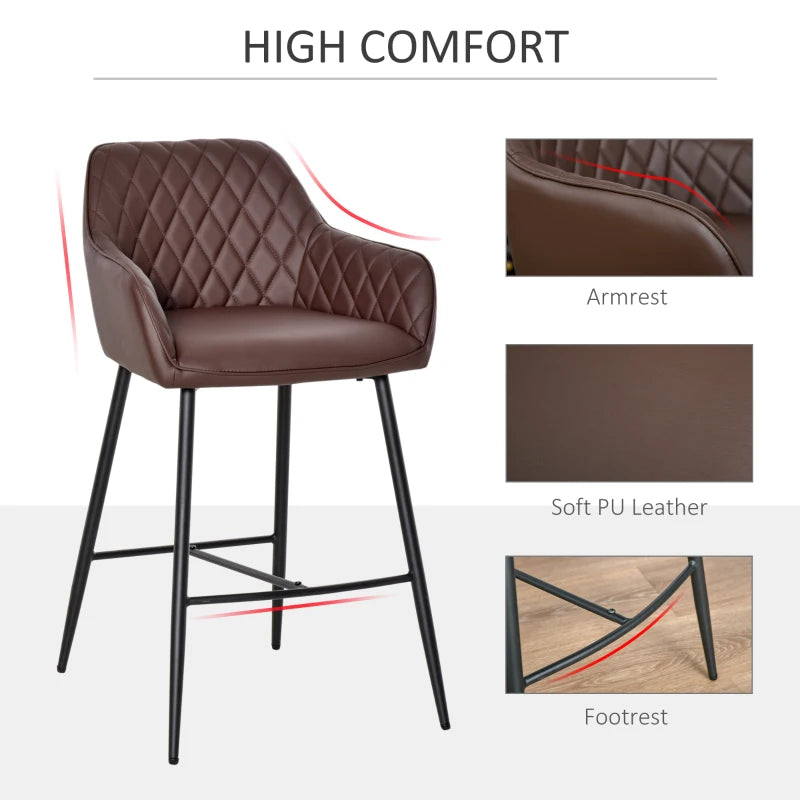 Set of 2 Retro PU Leather Bar Stools with Footrest - Stylish Metal Frame Dining Chairs in Brown