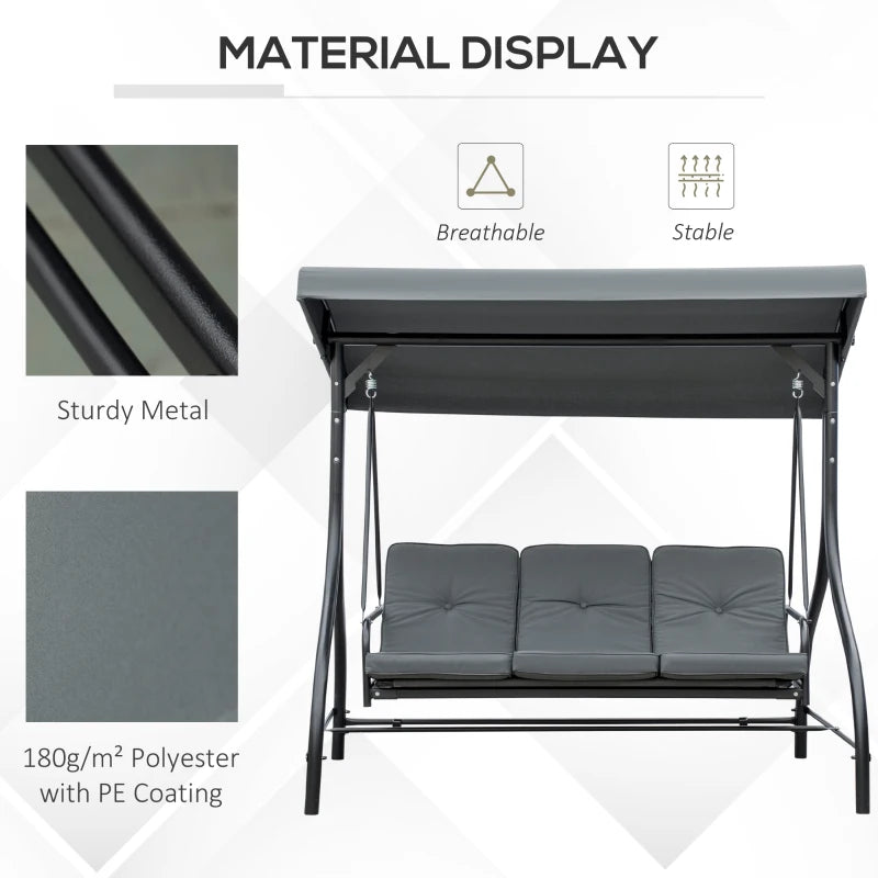 Dark Grey 3 Seater Canopy Swing Chair with Adjustable Canopy
