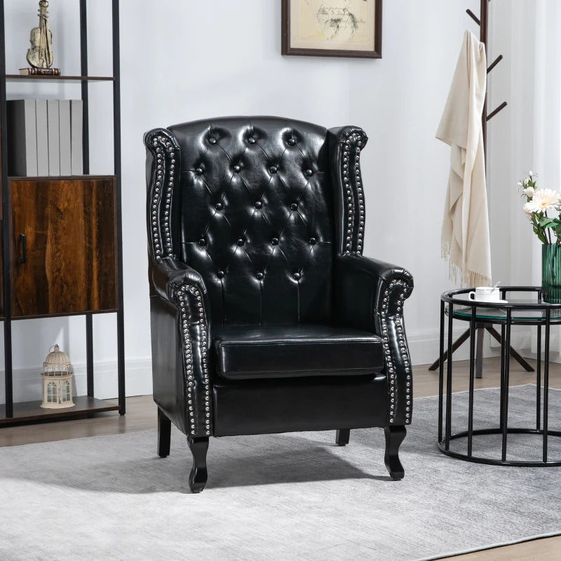 Tufted Chesterfield-Style Wingback Accent Chair with Nail Head Trim for Living Room or Bedroom in Black