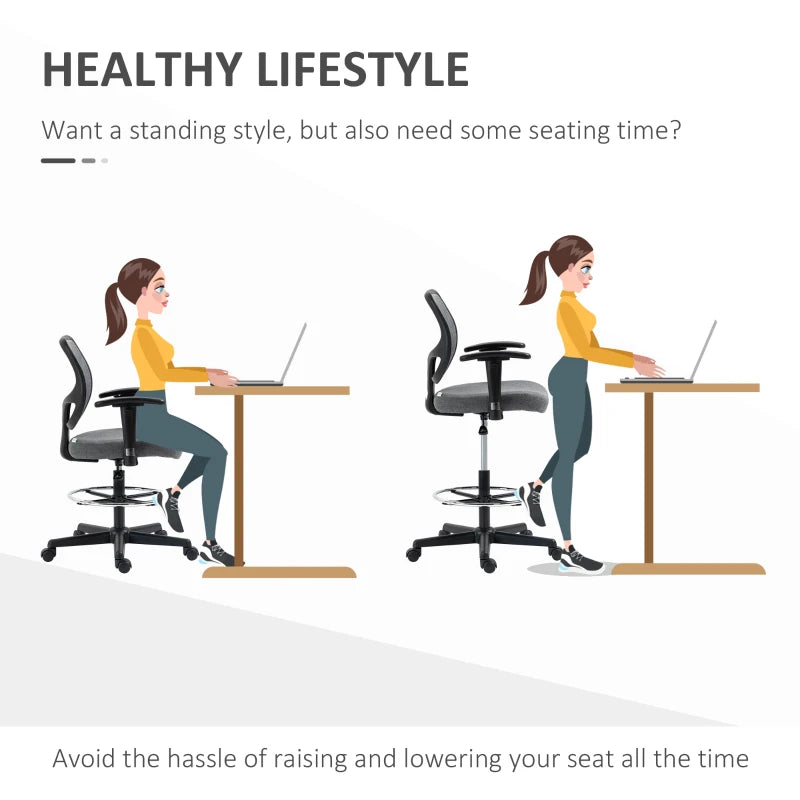 Vinsetto Ergonomic Drafting Chair - Adjustable Fabric Office Stool with Height Armrest & Foot Ring, 360° Swivel, Grey