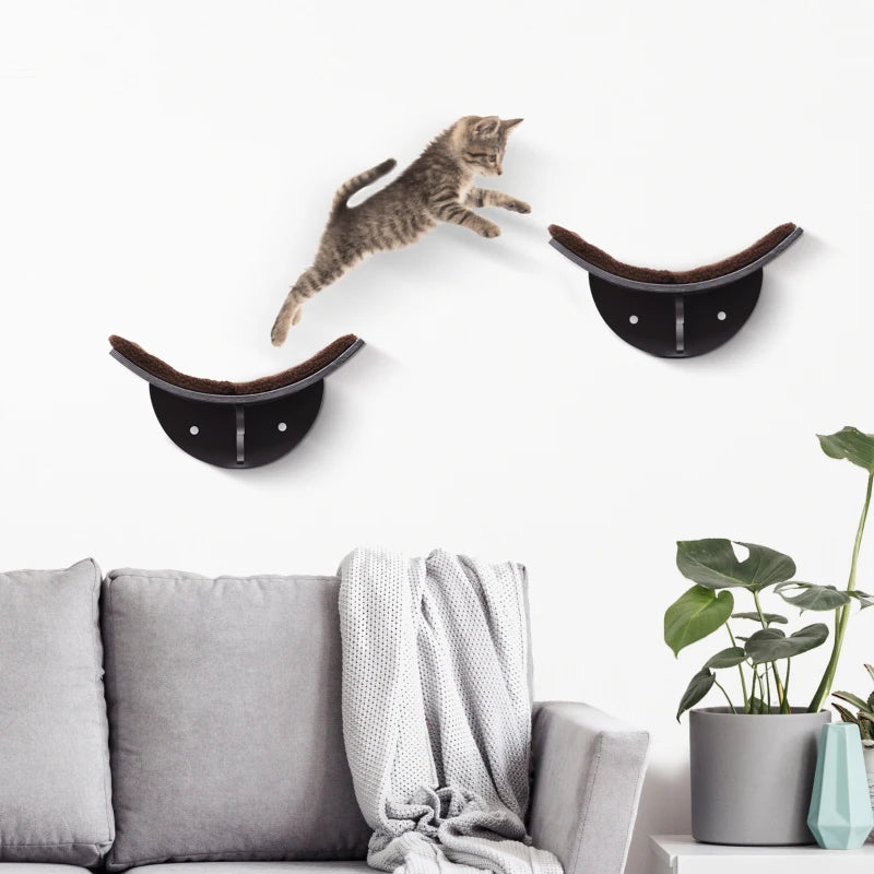 Wood Cat Shelves - Wall-Mounted Curved Kitten Bed Perch Climber Furniture, 41x28x21cm, Stylish Brown Cat Shelters