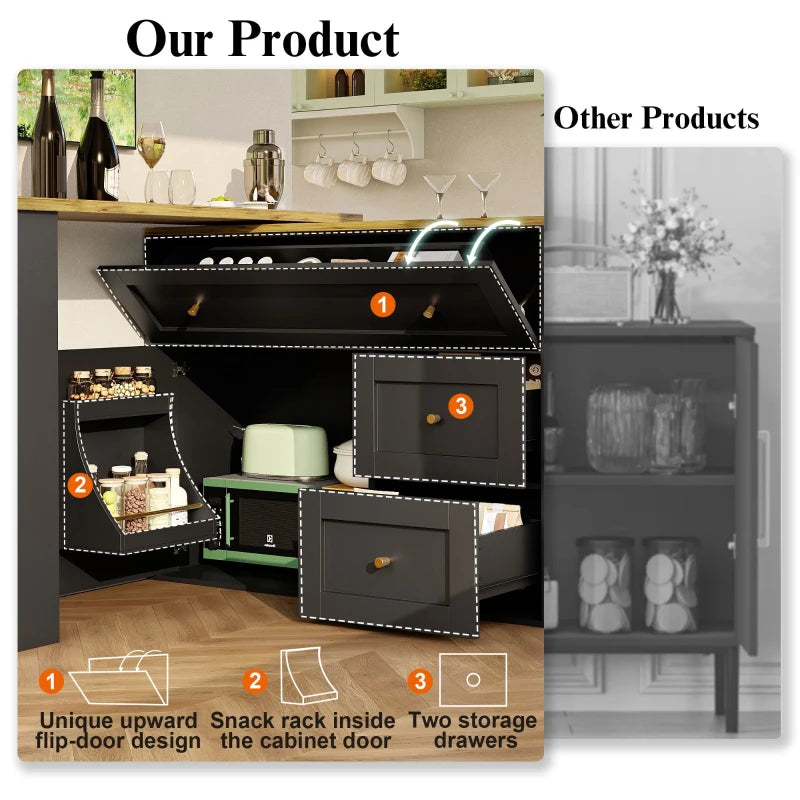 Extendable Bar Table with Storage, 360° Rotating Base & Snack Shelf, Folding Drawers, Black Bistro Table - 204L x 39W x 105H cm