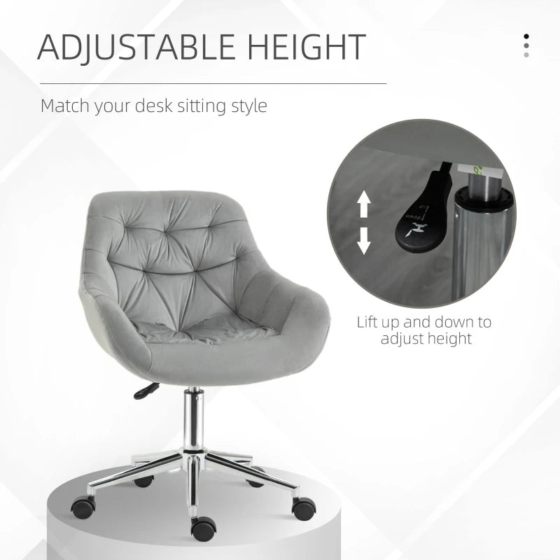 Vinsetto Ergonomic Velvet Home Office Chair - Adjustable Height, Arm & Back Support, Comfy Grey Desk Chair