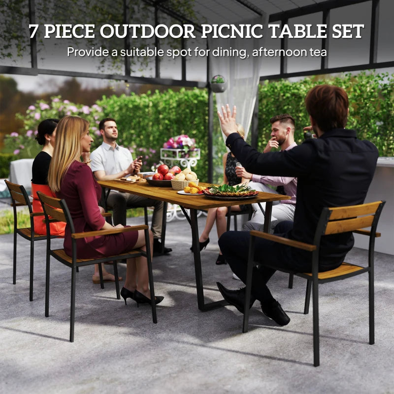 7-Piece Garden Dining Set - Fir Wood Table & 6 Stackable Chairs with Umbrella Hole