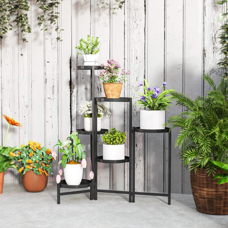 3 Tier Foldable Black Metal Plant Stand - Indoor Outdoor Corner Flower Pot Holder for Patio, Garden, Balcony, Living Room