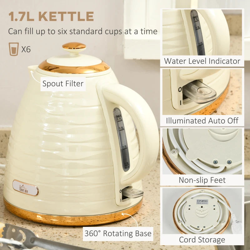 3000W Beige Kettle & 4 Slice Toaster Set - 1.7L Rapid Boil, 7 Browning Controls, Easy Clean Crumb Tray