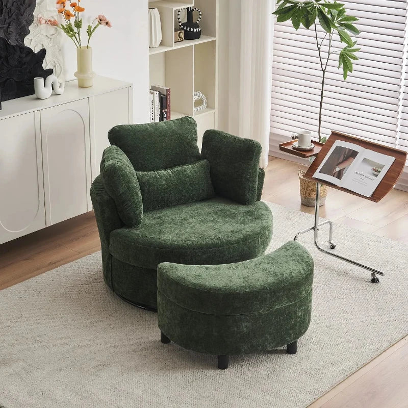 Stylish Green Chenille Swivel Armchair with Cushions and Ottoman Stool, 360° Recliner Sofa, 107L x 105W x 82H cm