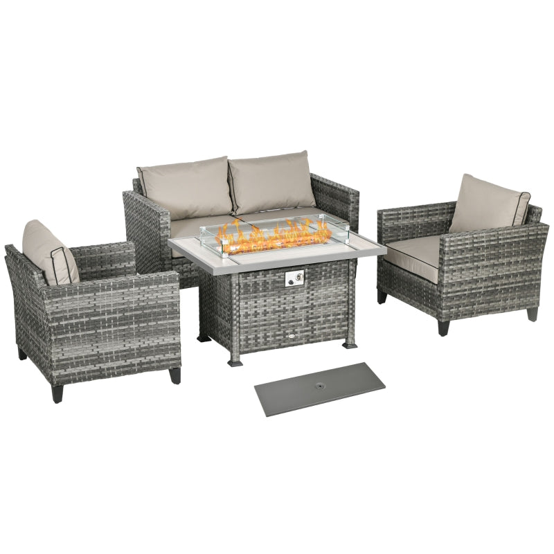 5-Piece Grey Rattan Patio Furniture Set with Gas Fire Pit