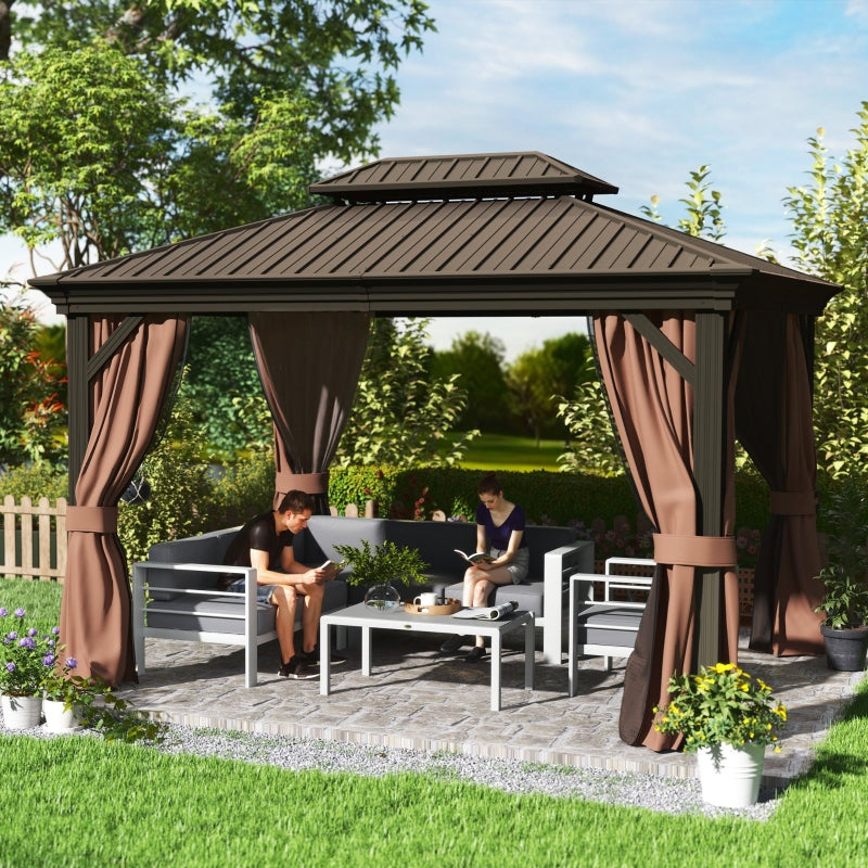 3m x 3.7m Dark Brown Outdoor Hardtop Gazebo Canopy with Aluminium Frame, 2-Tier Roof & Mesh Netting Sidewalls for Patio