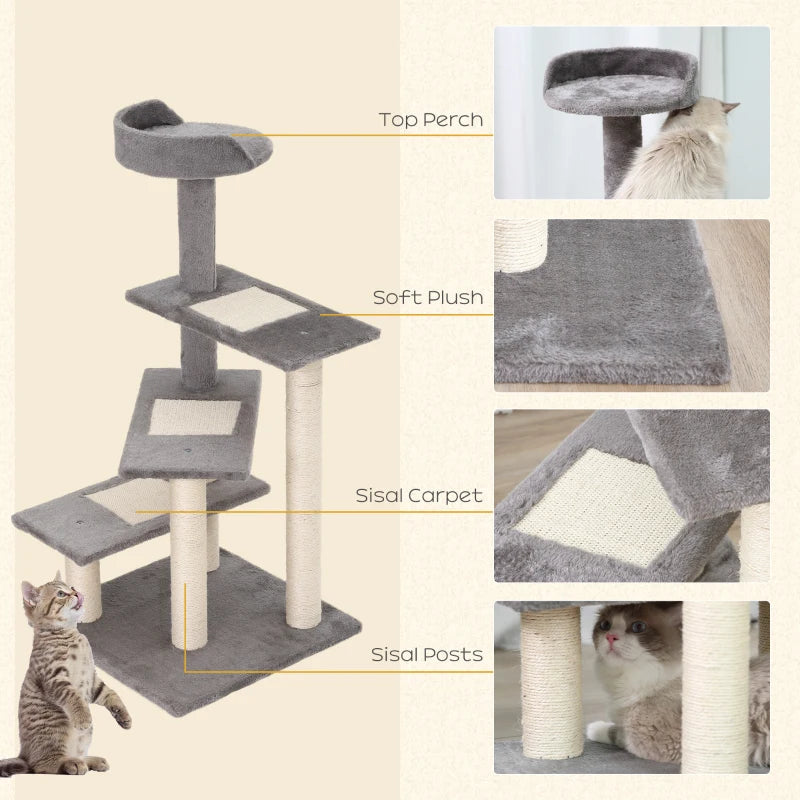 100 cm Cat Tree for Indoor Cats - Grey Kitten Scratching Post & Climbing Tower Activity Centre