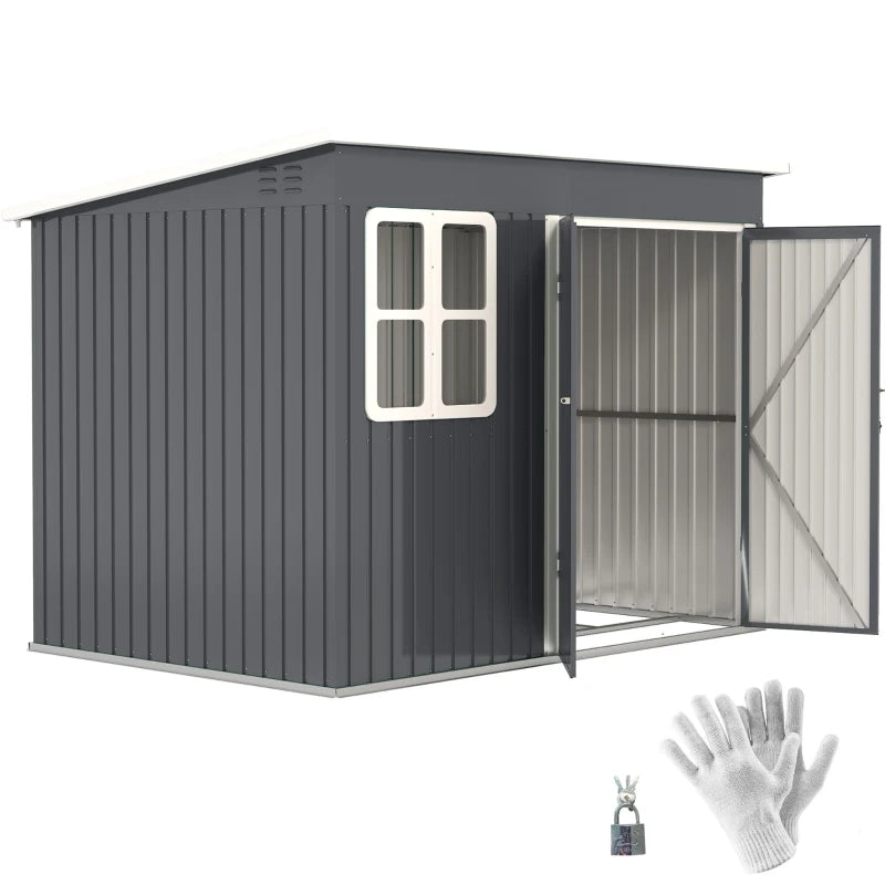 8.5 x 6ft Dark Grey Galvanised Steel Storage Shed - Metal Garden Shed with Foundation Kit, Window, Lockable Wide Doors & Air Vents for Outdoor Patio