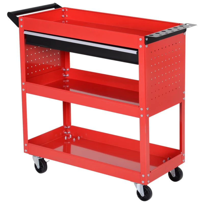 Red 3-Tier Tool Trolley with Drawer for Garage, Workshop