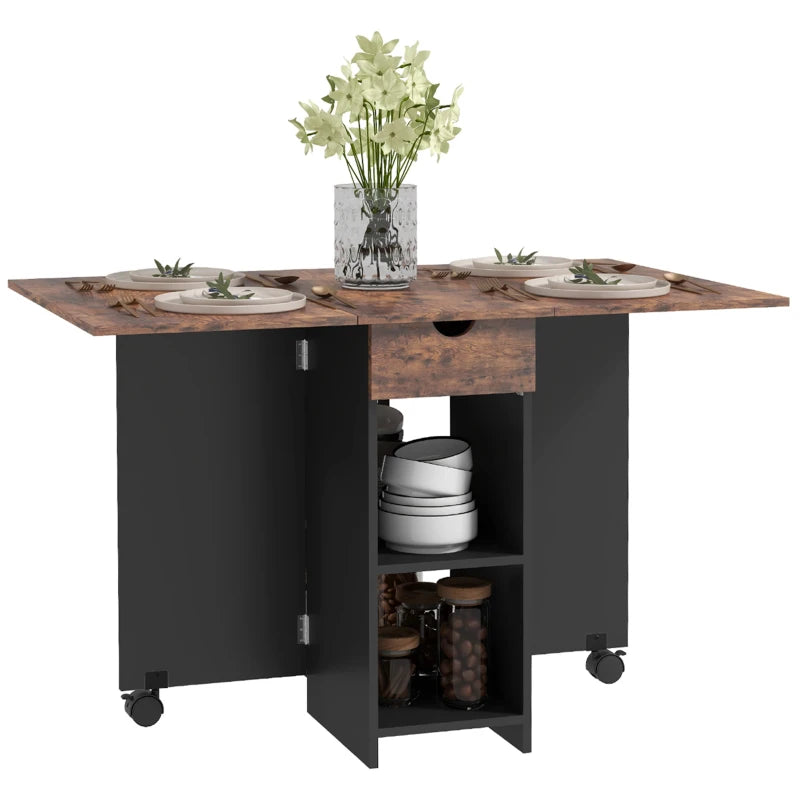 Rustic Brown Folding Dining Table with Drop Leaf, Storage Drawer & Shelves - Perfect for Small Spaces, Kitchen & Dining Room