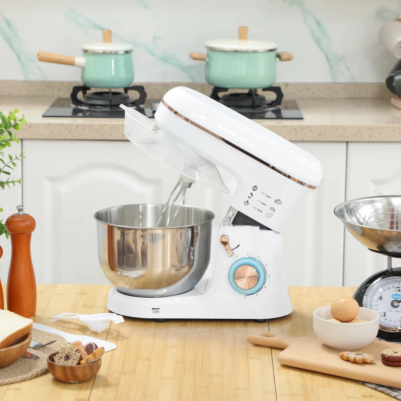 5L Stand Mixer for Baking - 1400W Electric Kitchen Mixer with 6 Speeds, Dough Hook, Whisk & Stainless Steel Bowl - White