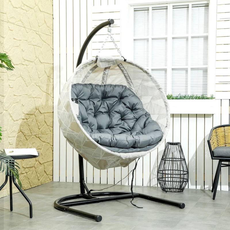 Hanging Egg Chair - Grey Outdoor Indoor Garden Swing Chair with Folding Basket, Stand, Thickened Cushion & Cup Holder - Perfect for Patio & Balcony