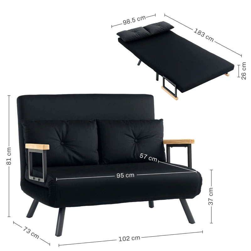 Velvet-Feel Double Sofa Bed with Pillows in Black - Versatile 4-in-1 Design for Comfort and Style