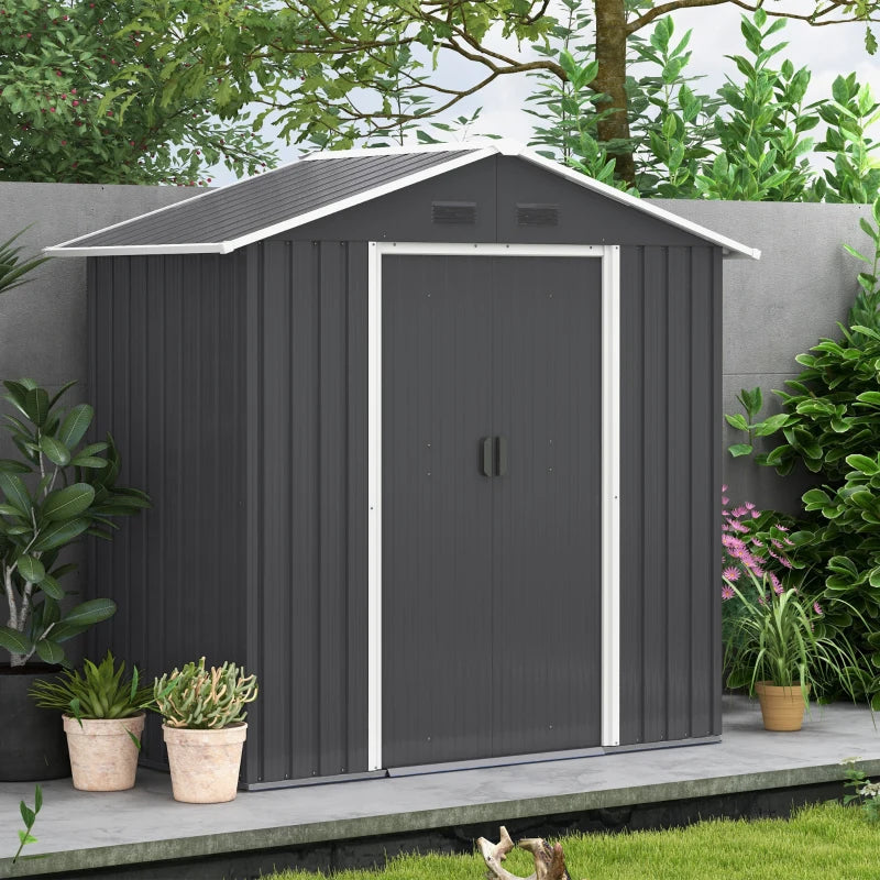 Dark Grey 6.5ft x 3.5ft Metal Garden Storage Shed With Double Sliding Doors and 4 Vents