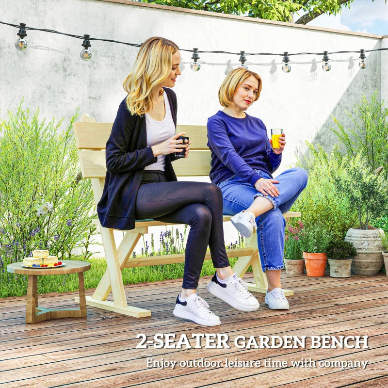 2 Seater Wooden Garden Bench - Natural Fir Wood Outdoor Loveseat with Slatted Seat, Sloping Back, and Wide Feet for Patio and Park