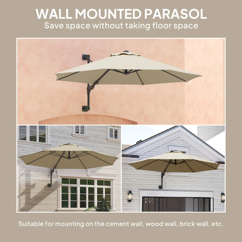 3m Wall-Mounted Parasol Shade with Handle - Outdoor Patio Umbrella in Khaki