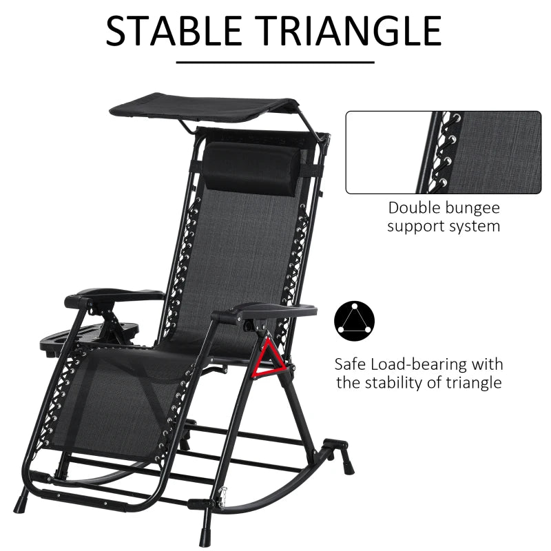 Black Folding Rocking Sun Lounger with Headrest & Side Holder