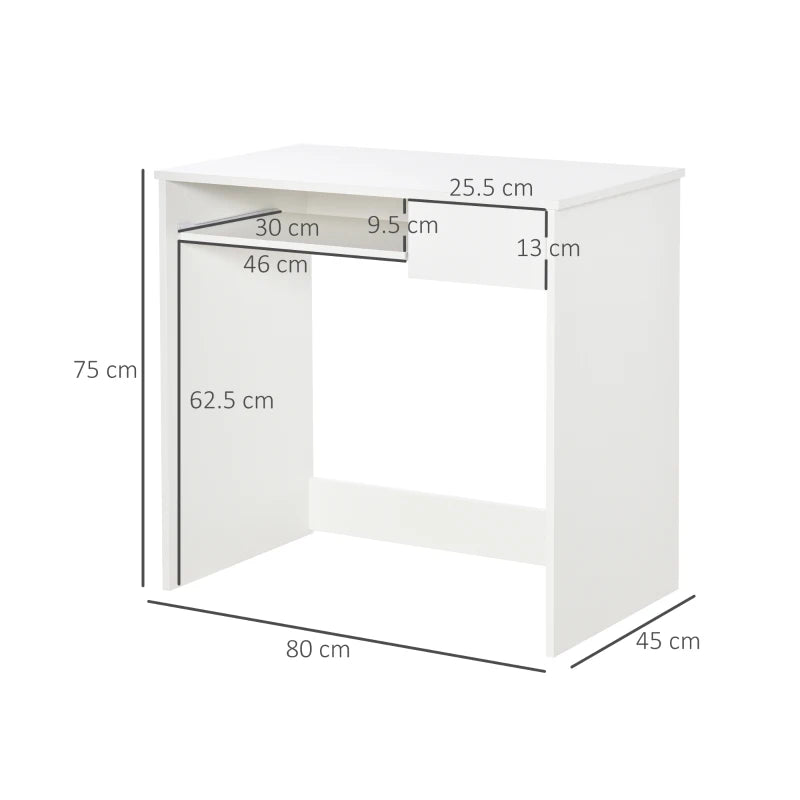 80cm Compact Computer Desk with Keyboard Tray & Drawer - Stylish Home Office Desk for Bedroom Study, White Finish