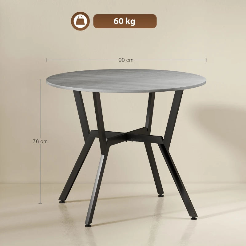 Round Grey Dining Table with Black Legs - 90 x 76 cm Kitchen Table with Anti-Slip Foot Pads for Living Room
