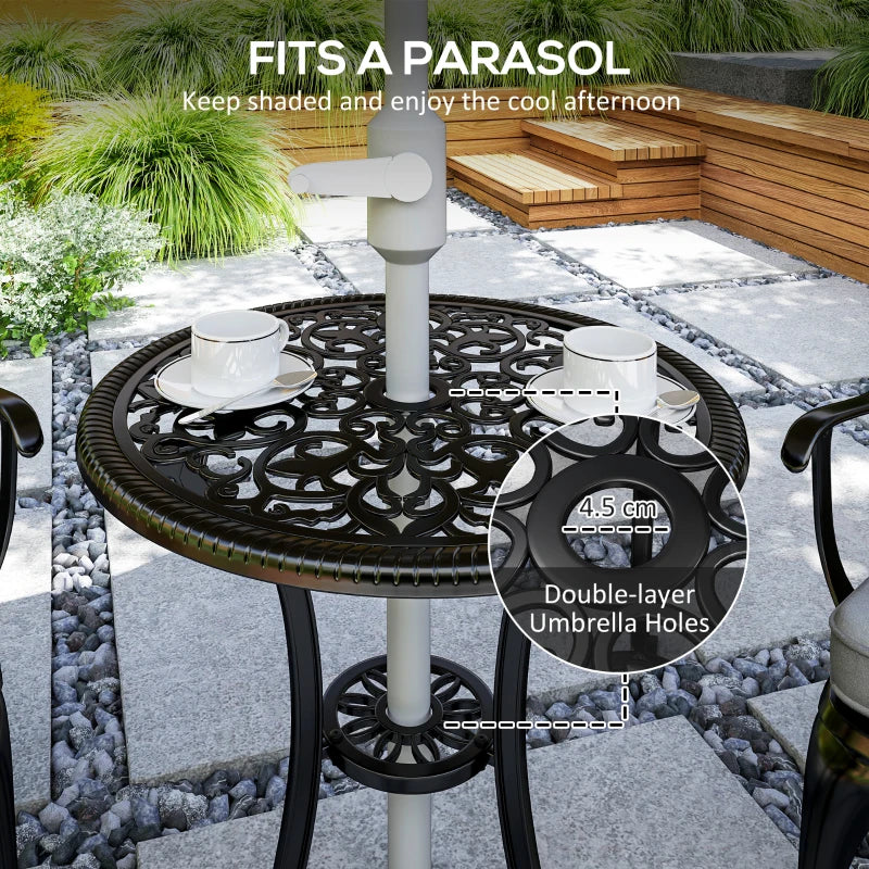 3 Piece Black Cast Aluminium Garden Bistro Set for 2 - Outdoor Coffee Table Set with Cushions, Rust Resistant, Parasol Hole, Perfect for Patio and Balcony
