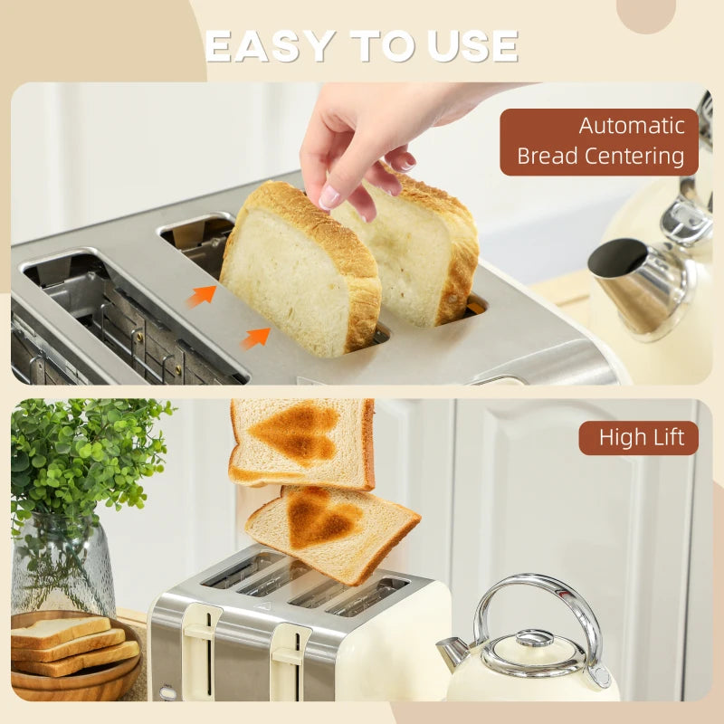 Polished Stainless Steel Cream Kettle and Toaster Set - Stylish Kitchen Appliances for Modern Homes