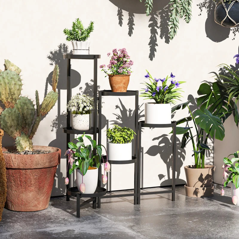 3 Tier Foldable Black Metal Plant Stand - Indoor Outdoor Corner Flower Pot Holder for Patio, Garden, Balcony, Living Room
