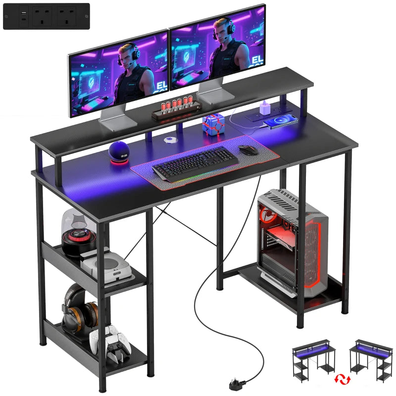LED Computer Desk with Power Outlets & Shelves - Stylish Carbon Fibre Grey Home Office Furniture