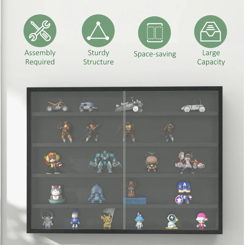 5-Tier Adjustable Wall Display Shelf Unit with Glass Doors - Black Cabinet for Home Office Ornaments, 60x80cm