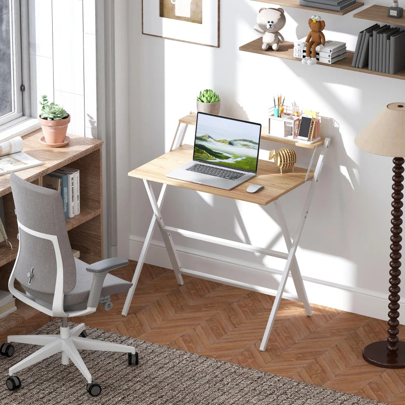 81.5 cm Folding Computer Desk with Monitor Shelf - Stylish Natural Wood Finish for Home Office & Study
