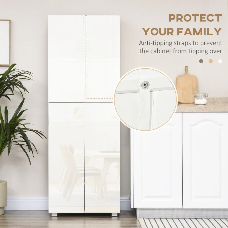 Tall Freestanding 4-Door Kitchen Cupboard with Adjustable Shelves and Drawers for Living Room and Dining Room High Gloss White