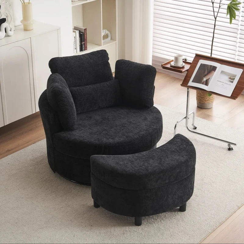 360° Swivel Bedroom Chair with Cushions and Ottoman Stool, Stylish Armchair for Living Room, Black, 107L x 105W x 82H cm