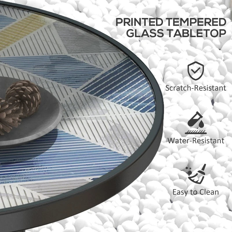 Multicolour Round Garden Table with Glass Printed Top