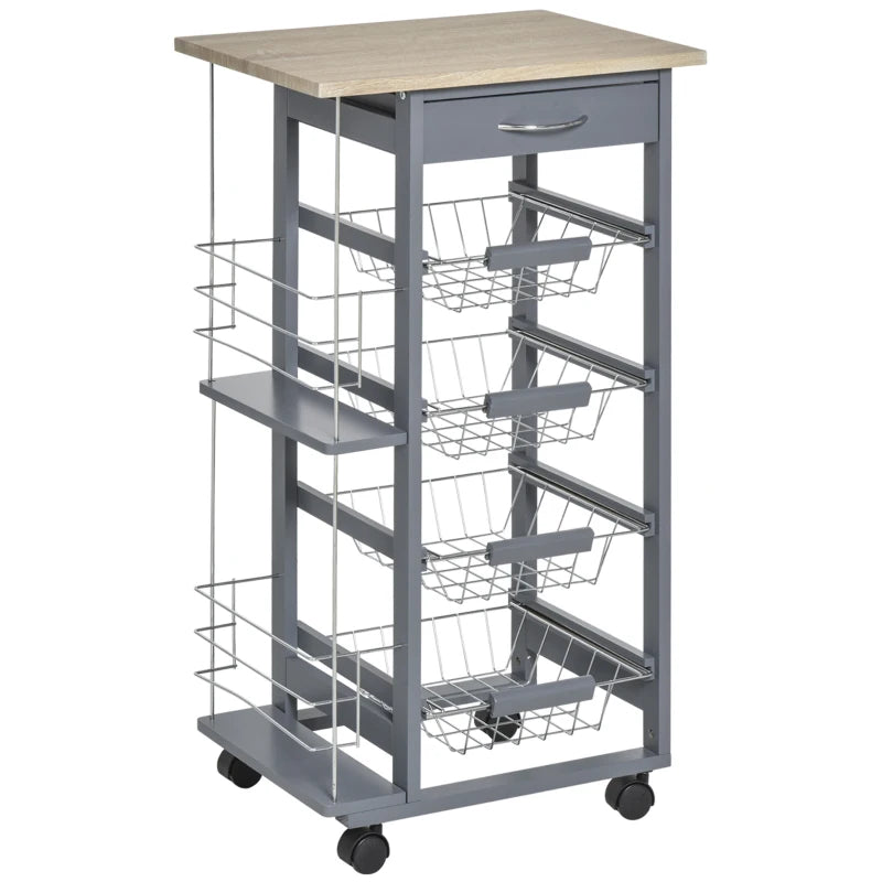 Rolling Kitchen Cart with 4 Basket Drawers & Side Racks - Utility Storage on Wheels for Dining Room - Grey