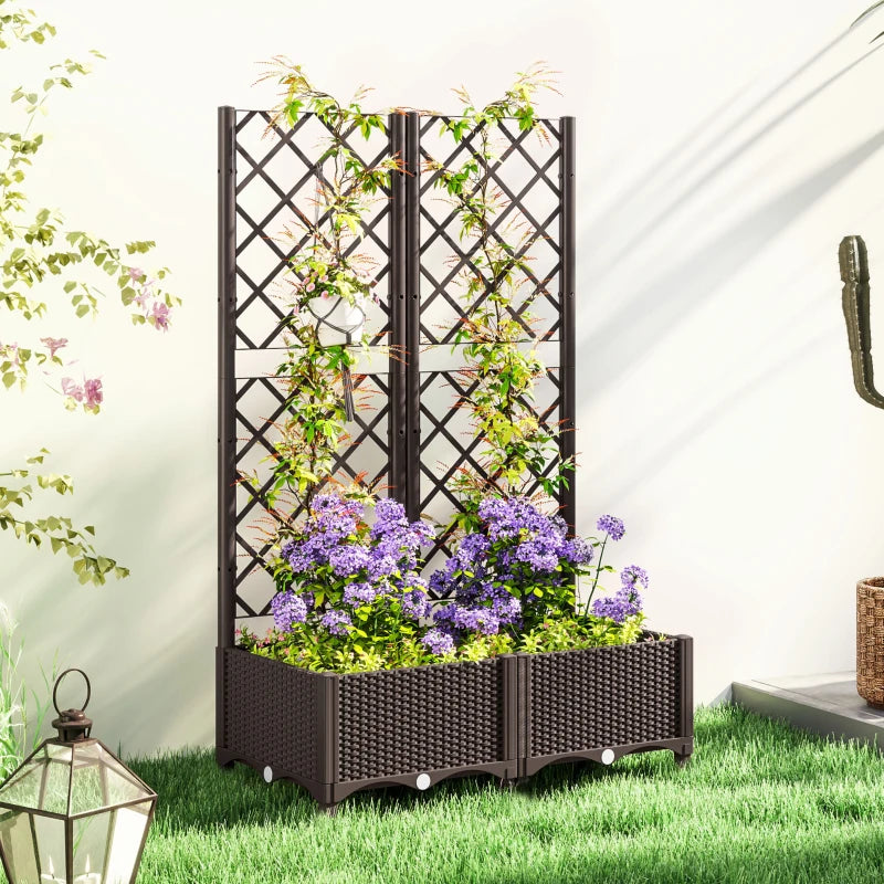 Brown Raised Garden Bed with Trellis - 48" Plastic Planter Box for Climbing Plants, Vegetables, and Flowers with Drainage Holes