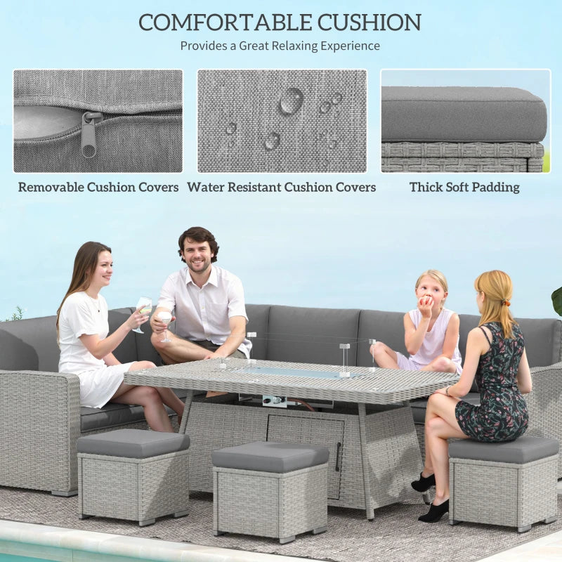 7-Piece Grey Rattan Sofa Set with Firepit Table - Outdoor Patio Furniture