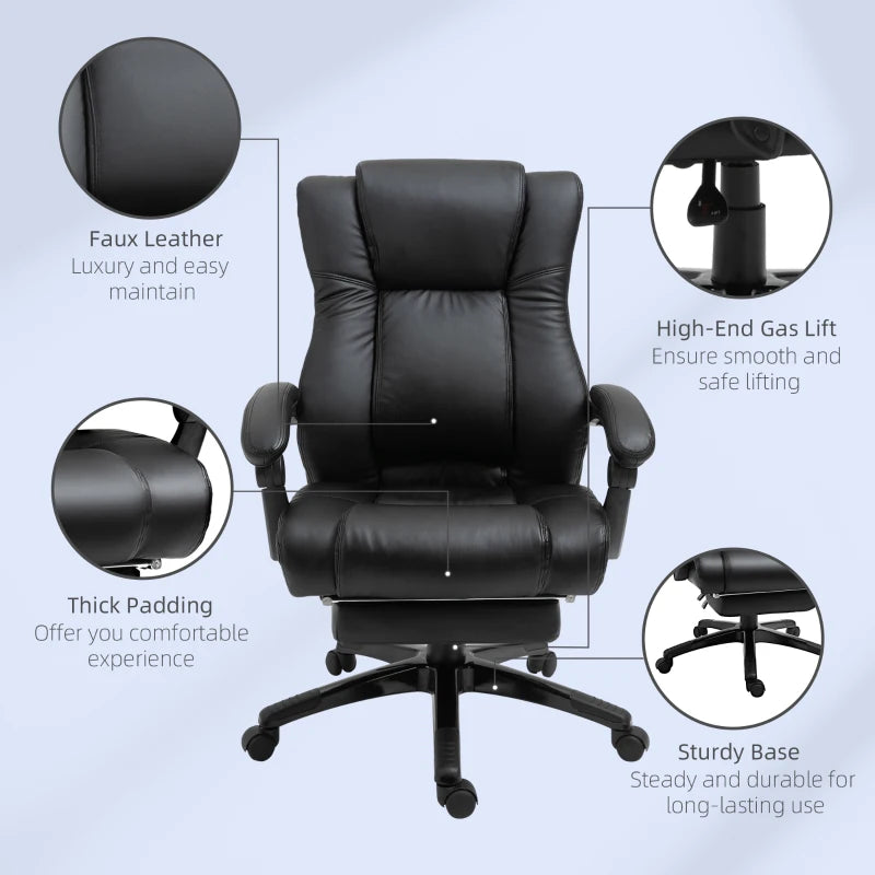 Vinsetto Executive Office Chair - PU Leather Swivel Desk Chair with Footrest, Adjustable Height, Wheels, Black for Home & Office