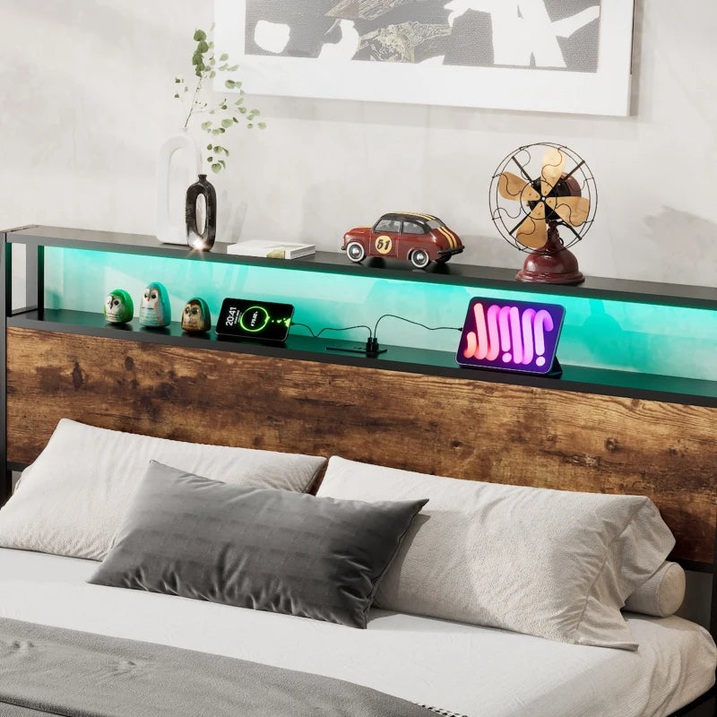 Metal Double Bed with LED Light Strip, 4 Drawers & 3 USB Ports - Black & Dark Walnut, 207.5x135x105 cm