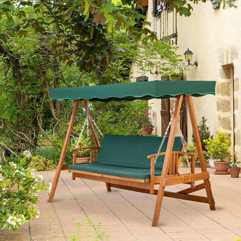Dark Green 3-Seater Wooden Garden Swing Chair Hammock Bench