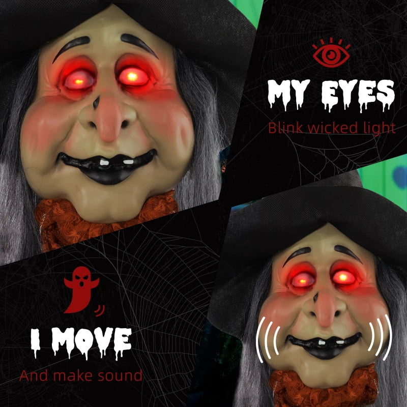 183 cm Life Size Animated Witch with Red Eyes - Scary Halloween Decoration, Sound Activated, Moving Arms & Head, Battery Operated