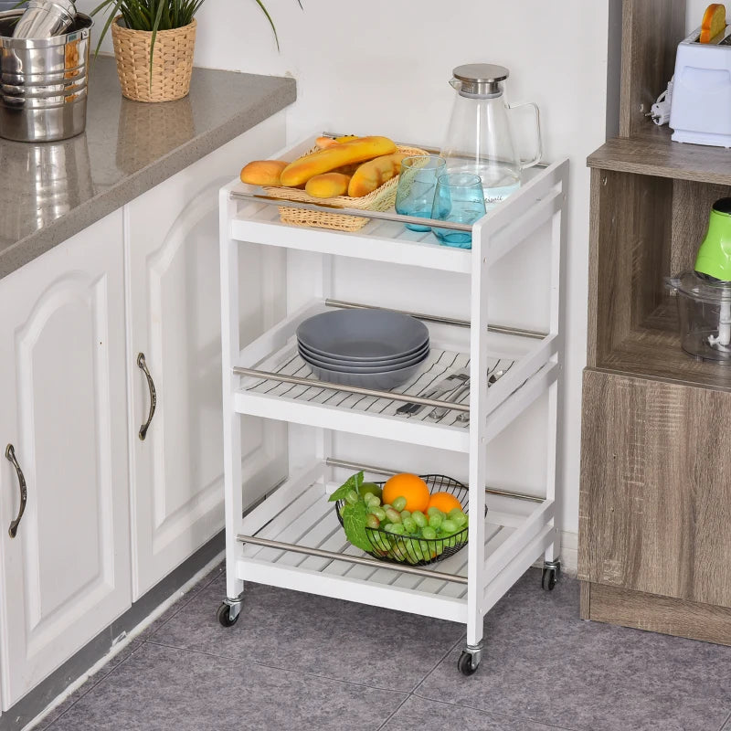 3-Tier Rolling Kitchen Storage Cart with Steel Bars & 4 Wheels - White Home Organizer for Living Room & Kitchen