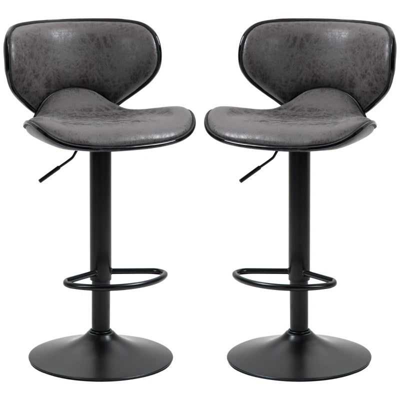 Set of 2 Adjustable Height Kitchen Stools - Leather Upholstered Dark Grey Bar Stools with Back (61-81cm)