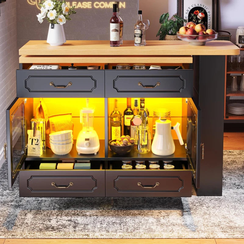 360° Rotating Bar Table with Spice Rack & Extendable Kitchen Island - 4 Drawers, Black, 135-203L x 39W x 93H cm