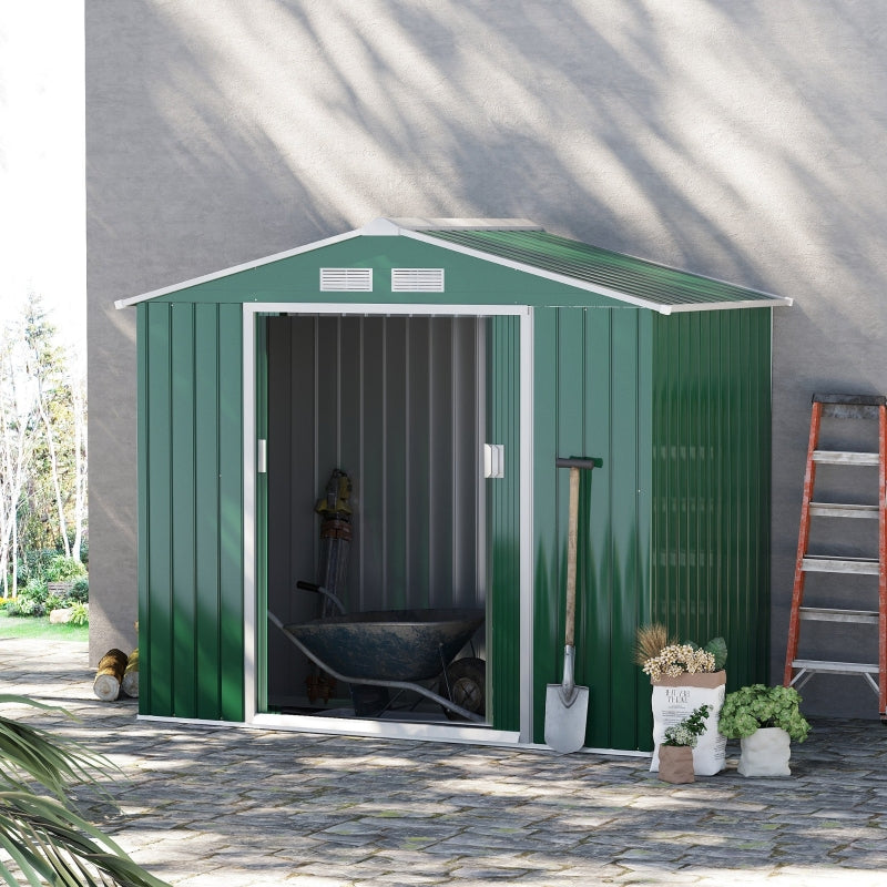 Green 7ft x 4ft Lockable Metal Shed with Ventilation Slots, Foundation Kit and Lockable Double Doors